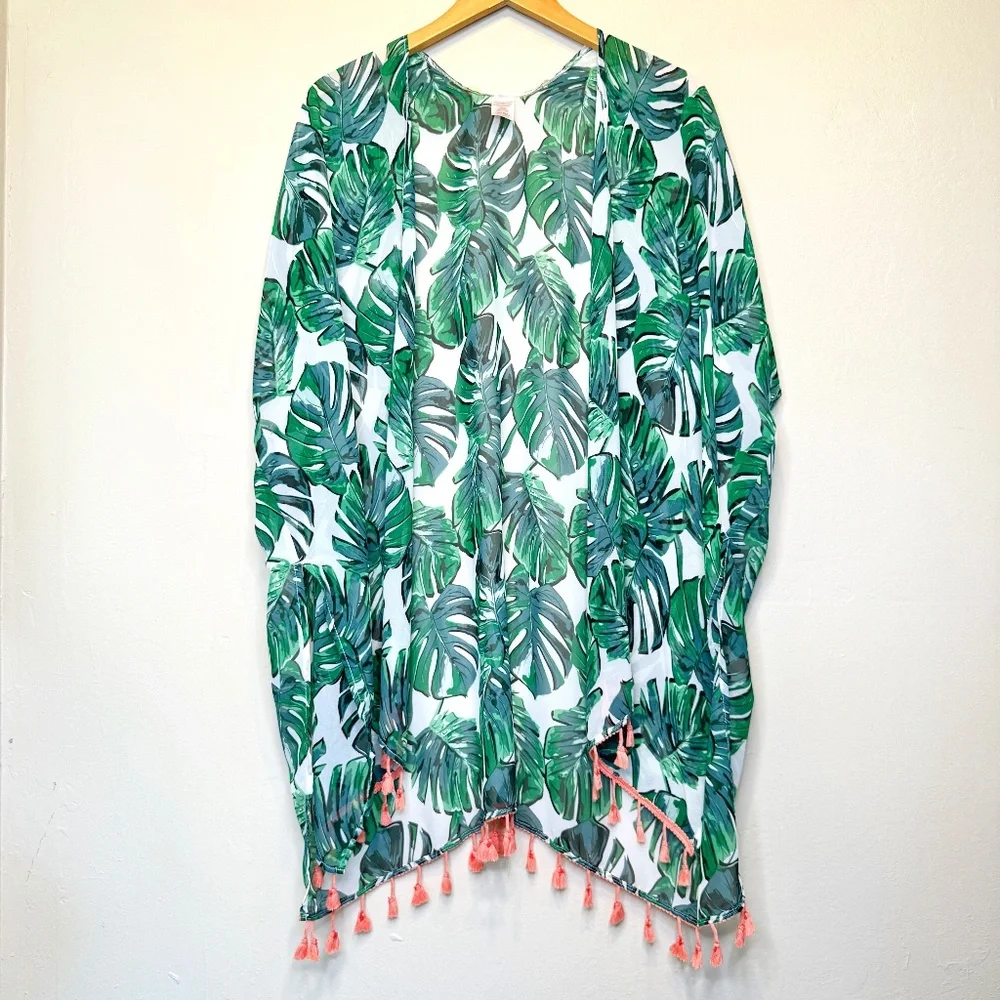 Monstera Palm Print Tropical Botanical Pattern Tassel Sheer Open Front Kimono
